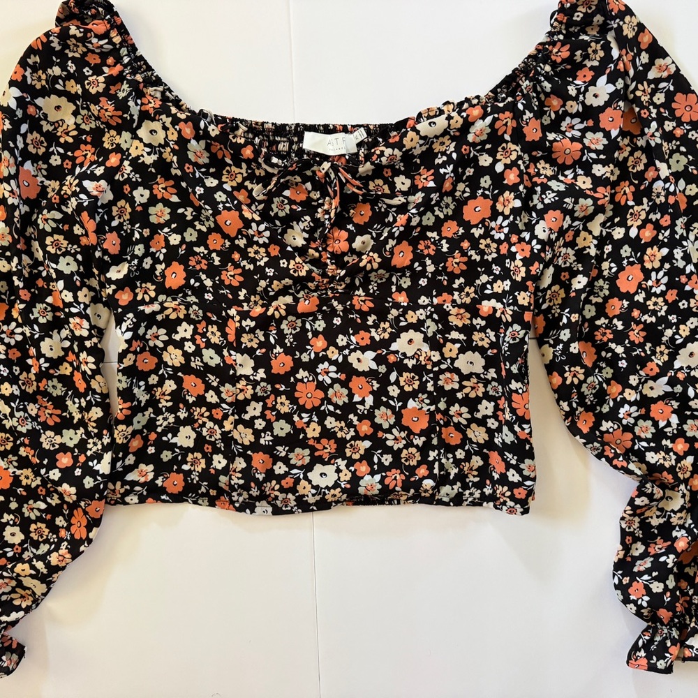 Astr Floral Cropped Blouse Floral Black Orange Cream Accents XL Boho Chic